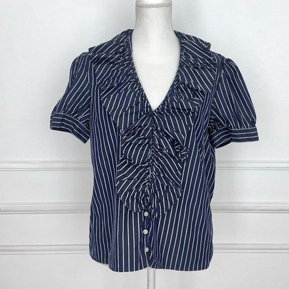 Lauren Ralph Lauren Navy White Striped Ruffle Front Cotton Blouse Top Size 16
